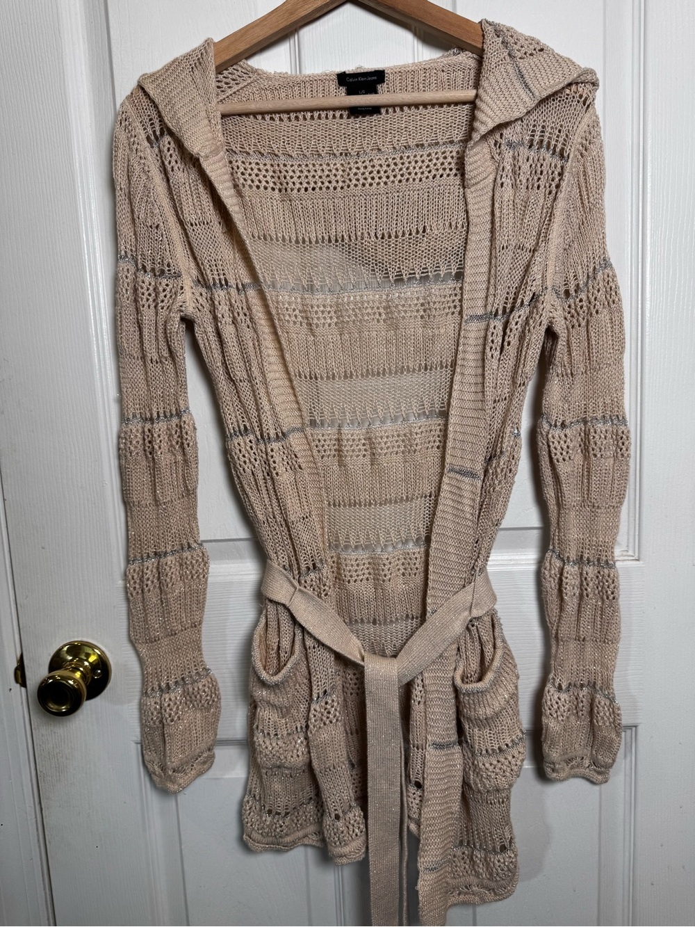 Vintage 90s Calvin Klein Jeans Large Hooded Open Knit Belted Cardigan Metallic